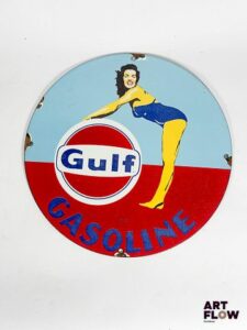 Plaque émaillée ronde Gulf Gasoline Diamètre : 30 cm Petits éclats et traces de rouille Reproduction moderne