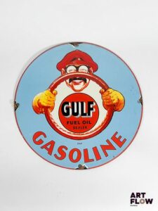 Plaque émaillée ronde Gulf Gasoline Diamètre : 30 cm Petits éclats et traces de rouille Reproduction moderne