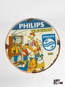 Plaque émaillée ronde Philips Télévision Diamètre : 30 cm Petits éclats et traces de rouille Reproduction moderne