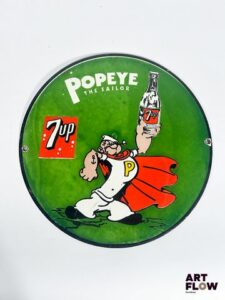 Plaque émaillée ronde Popey Diamètre : 30 cm Petits éclats et traces de rouille Reproduction moderne