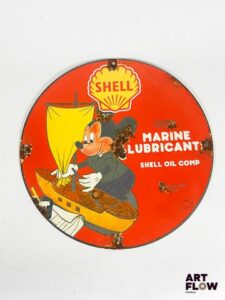 Plaque émaillée ronde Shell Marine Lubricants représentant Mickey Diamètre : 30 cm Petits éclats et traces de rouille Reproduction moderne