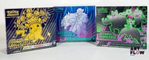 POKEMON Ensemble de 3 ETB comprenant : - Coffret dresseur d’élite Étincelles Déferlantes - Neuf scellé - Coffret dresseur d'élite Écarlate et Violet - Aventures ensemble - Neuf scellé - Coffret dresseur d'élite Ecarlate et Violet Fable Nébuleuse - Neuf scellé
