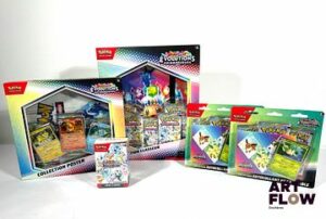 POKEMON Un ensemble comprenant : - Un coffret collection classeur Évolutions Prismatiques (non scellé - très bon état) - Un coffret collection poster Évolutions Prismatiques (non scellé, très bon état) - Un bundle de 6 boosters Évolutions Prismatiques (scellé, scellage endommagé) - 2 Tripacks Phyllali Évolutions Prismatiques (non scellé, bon état)