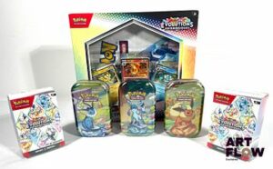 POKEMON Un ensemble EV8.5 comprenant : - 1 coffret collection poster EV8.5 Évolutions Prismatiques - 3 Pokemon mini tins scellées (1 scellage légèrement endommagé) - 2 bundles scellées de 6 boosters Évolutions prismatiques (1 boîte légèrement endommagée)
