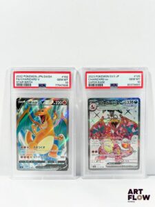 Réunion de 2 cartes Pokémon gradées PSA 10 - Collection Dracaufeu : - Charizard (Dracaufeu) V 102/100 - Full Art - Épée&Bouclier : Star Birthday (s9) - PSA 10 (Neuve +). - Charizard (Dracaufeu) Ex 125/108 - Écarlate&Violet : Super Rare (SV3) - PSA 10 (Neuve +). Cartes en japonais.