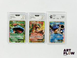 Réunion de cartes Pokémon gradées - Collection des 3 starters de base de la série XY : Évolutions (XY12). - Dracaufeu Ex - Tortank Ex - Florizarre Ex Cartes en français.