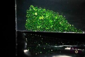 Trois cent dix diopsides chromées rondes. Non chauffée. 3.12 cts. Diam. moy.: 1.2mm