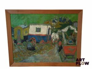 André COTTAVOZ (1922-2012) Les roulottes 1951 Huile sur toile Signée en bas à droite Dimensions : 50 x 65,5 cm Documents de restauration en 1993