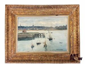 Geneviève SCHORBON (XXe siècle), Marine, huile sur toile. 38,5 x 55cm Accident dans la partie inférieure.