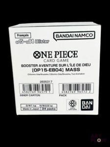 Carton One Piece comprenant 24 blisters Série Aventure sur l'ile Dieu (OP15-EB04) En français Petits défauts : plis sur les coins du carton (voir photos)