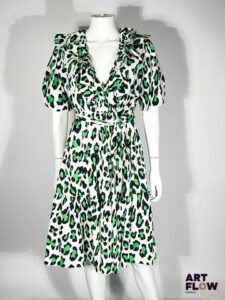 DIANE VON FURSTENBERG Robe en coton blanc et imprimé léopard dans les tons verts Taille XS Neuve avec étiquettes