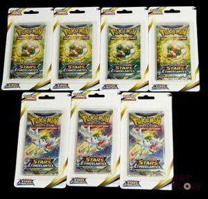 Ensemble de 7 boosters Pokémon sous blisters scellés. Série Épée&Bouclier : Stars étincelantes (EB09). En français.
