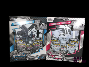 Ensemble de deux coffrets Pokémon scellés : Collection classeur Série du bloc Écarlate & Violet : Flamme blanche pour l'un et Foudre noire pour l'autre En français Neufs : légers défauts (voir photos)