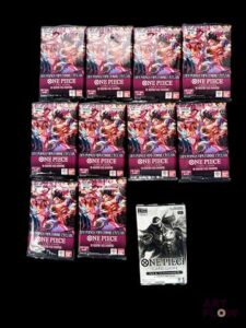 Ensemble One Piece comprenant 10 boosters de la série Des poings vifs comme l'éclair OP-11 et d'un booster Pack du 1er anniversaire Scellés En Français Pliure sur l'un des boosters (voir photos)
