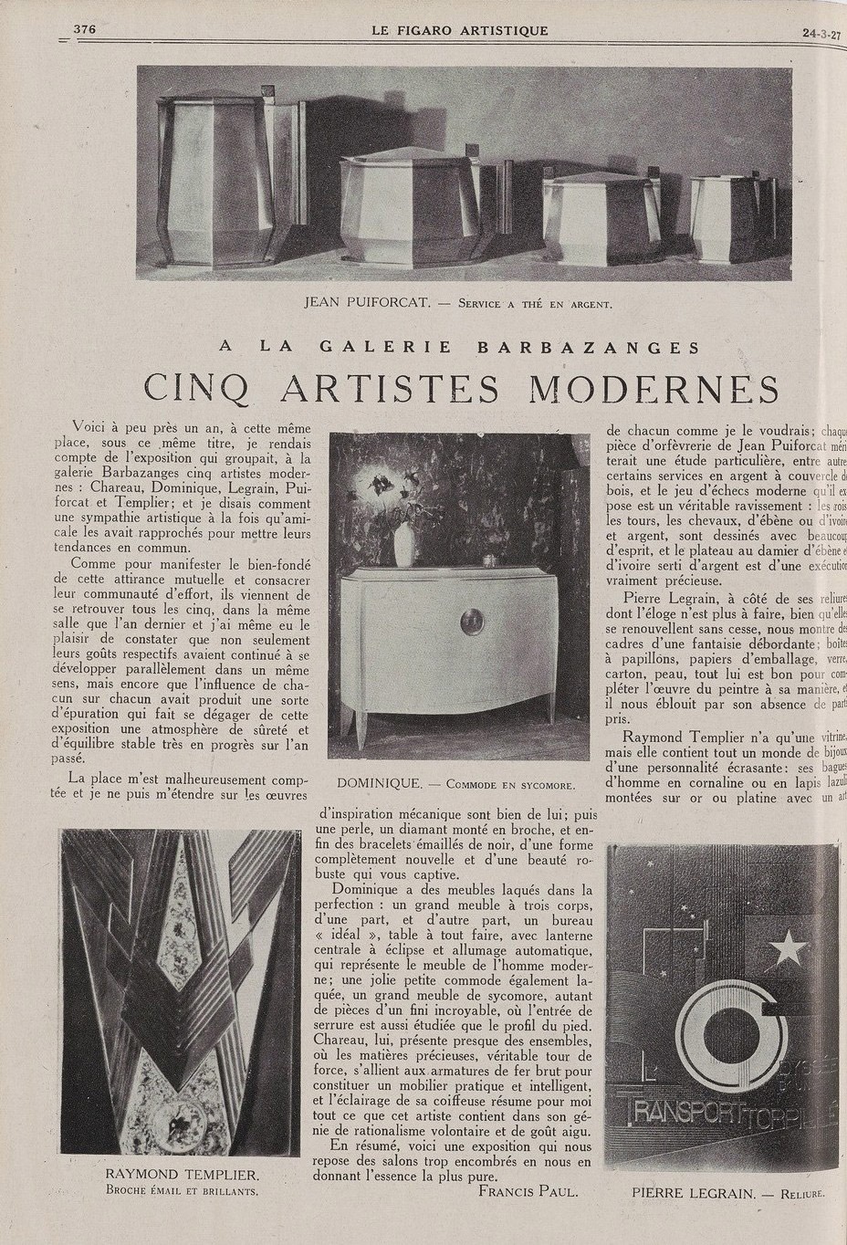 Francis Paul cinq artistes modernes
