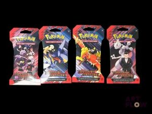 Réunion de 2 Artset Pokemon comprenant 4 blisters cartonnés chacun Série du bloc Ecarlate et violet : Rivalités destinées (EV10) Scellés Neuf En Français