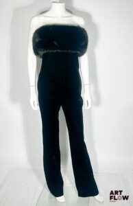 SAINT LAURENT Paris Combinaison bustier pantalon, le bustier réhaussé de fourrure synthétique noire Siglée Taille présumée XS/S Neuve Prix boutique initial : 2790 €