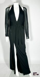 TOM FORD Robe longue à large décolleté, manches longues, et traine en tissu noir Taille 38 Neuve avec étiquettes