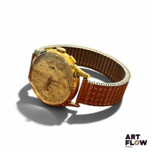 UTI Montre bracelet chronographe, boîtier en or 750/°°, cadran doré, chiffres arabes appliqués, chemin de fer. Bracelet en métal "fixoflex". Mécanisme non garanti. Fonctionnelle lors de la rédaction du catalogue. Verre accidenté. Poids brut : 64,59 gr