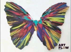Damien HIRST, Spin painting (Butterfly) Acrylique et peinture métallique sur papier fort Signature et cachet de l'artiste, timbre sec de l'atelier au dos Dimensions : 54 x 67,5 cm Infimes trous : traces d'accrochage aux quatre coins (voir photos)