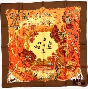 HERMÈS Modèle "Africa" Carré en twill de soie d'après Robert DALLET 90 x 90 cm Très bon état général malgré de très légères salissures. Avec boîte
