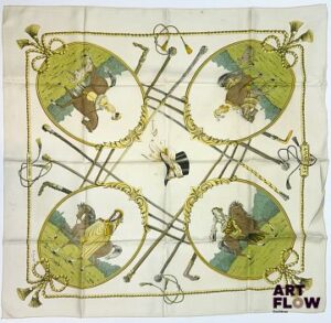 HERMÈS Modèle "Amazones I" Carré en twill de soie d'après Françoise FACONNET 90 x 90 cm En l'état (nombreuses taches)