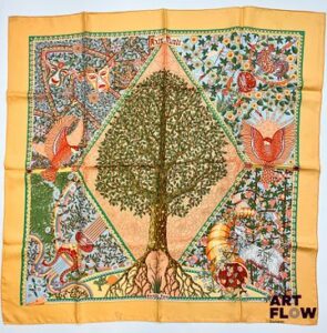 HERMÈS Modèle "Axis Mundi" Carré en twill de soie d'après Christine HENRY 90 x 90 cm Bon état général malgré tâches