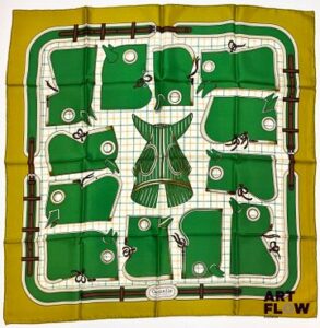 HERMÈS Modèle "Camails" Carré en twill de soie d'après Françoise DE LA PERRIERE 90 x 90 cm Très bon état général malgré infimes traces