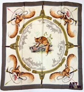 HERMÈS Modèle "Chasse au Renard" Carré en twill de soie d'après Hugo GRYGKAR 90 x 90 cm Taches, usures