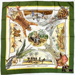 HERMÈS Modèle "Chasses Exotiques" Carré en twill de soie d'après Philippe LEDOUX 90 x 90 cm Légères taches et fils tirés