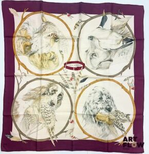 HERMÈS Modèle "Chiens au Rapport" Carré en twill de soie d'après Carl de PERCEVEAUX 90 x 90 cm infimes taches et salissures (prévoir nettoyage)