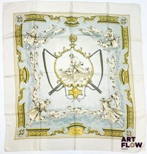 HERMÈS Modèle "Chiens et Valets" Carré en twill de soie d'après Charles-Jean HALLO 90 x 90 cm Quelques taches
