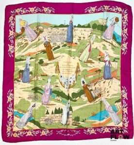 HERMÈS Modèle "Coiffes Normandes" Carré en twill de soie d'après Zoé PAUWELLS 90 x 90 cm Petits fils tirés Bibliographie : Genevieve Fontan, Carrés d'art, Dictionnaire illustré des carrés Hermès valeur, 2025