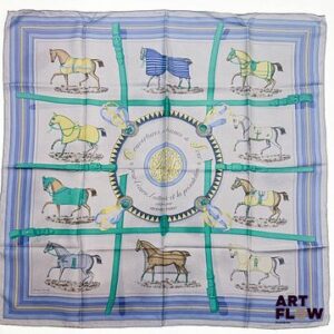HERMÈS Modèle "Couvertures et Tenues de Jour (surteint)" Carré en twill de soie d'après Jacques EUDEL 90 x 90 cm Quelques fils tirés, petites taches et nettoyage à prévoir