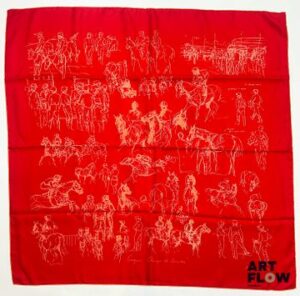 HERMÈS Modèle "Croquis Champ de Course" d'après un dessin d'Hubert DE WATRIGANT Carré en twill de soie dans les tons rouges 1ère édition 2007 90 x 90 cm Très bon état général malgré quelques infimes taches. Dans sa boîte d'origine Bibliographie : Genevieve Fontan, Carrés d'art, Dictionnaire illustré des carrés Hermès valeur, 2025, p.94