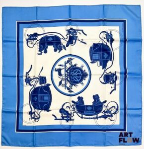 HERMÈS Modèle "Ex-Libris" Carré en twill de soie d'après Hugo GRYGKAR 90 x 90 cm Bon état général malgré de petites taches
