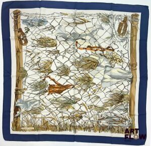 HERMÈS Modèle "Grand Vent" Carré en twill de soie d'après Françoise HERON 90 x 90 cm Petites tâches