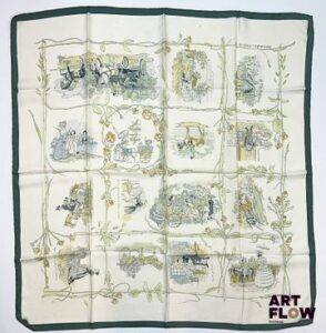 HERMÈS Modèle "La Comtesse de Ségur" Carré en twill de soie d'après Philippe DUMAS 90 x 90 cm Taches, nettoyage à prévoir.