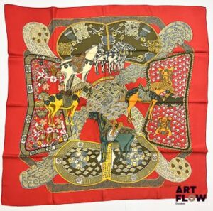 HERMÈS Modèle "L'Art des Steppes" Carré en twill de soie d'après Annie FAIVRE 90 x 90 cm