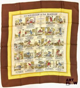 HERMÈS Modèle "Le médecin à la Maison" Carré en twill de soie d'après Hugo GRYGKAR 90 x 90 cm En l'état : trous, usures, taches