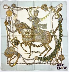 HERMÈS Modèle "Le Timbalier" Carré en twill de soie d'après Françoise HERON 90 x 90 cm Bon état général malgré tâches et décolorations