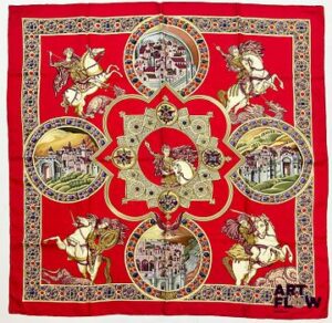 HERMÈS Modèle "Le Triomphe du Paladin" Carré en twill de soie d'après Julia ABADIE 90 x 90 cm Très bon état général malgré une infime tache et petits fils tirés