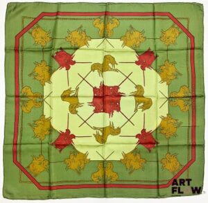 HERMÈS Modèle "Les Licornes" Carré en twill de soie d'après Michel DUCHENE 1ere édition 1985 90 x 90 cm