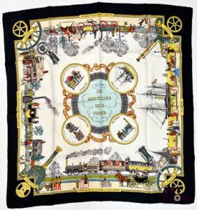 HERMÈS Modèle "Les Merveilles de la Vapeur (édition spéciale)" Carré en twill de soie d'après Philippe LEDOUX 90 x 90 cm Taches