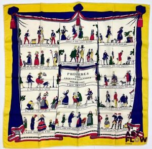 HERMÈS Modèle "Les Proverbes sont la Sagesse de la Nation" Carré en soie et laine d'après Hugo Grygkar 1er édition 1947 90 x 90 cm Quelques taches et décolorations. Avec boîte Bibliographie : Genevieve Fontan, Carrés d'art, Dictionnaire illustré des carrés Hermès valeur, 2025
