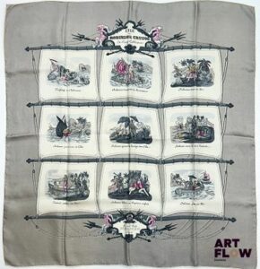 HERMÈS Modèle "L'île de Robinson Crusoé en 9 tableaux" d'après un dessin de Hugo GRYGKAR Carré en twill de soie dans les tons gris 1ère édition 1951 90 x 90 cm Etat conforme à l'age de la pièce Bibliographie : Genevieve Fontan, Carrés d'art, Dictionnaire illustré des carrés Hermès valeur, 2025, p. 140 Avec boite
