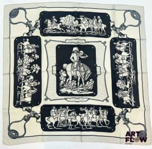HERMÈS Modèle "Plaques à Sabler" Carré en twill de soie d'après Hugo GRYGKAR 90 x 90 cm Usures conformes à l'âge de la pièce (petites taches et fils tirés)