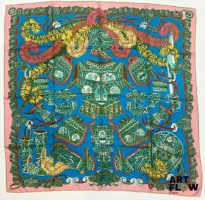 HERMÈS Modèle "Sous l'Egide de Mars" Carré en twill de soie d'après Pierre Marie 90 x 90 cm Excellent état général malgré d'infimes taches en bordure