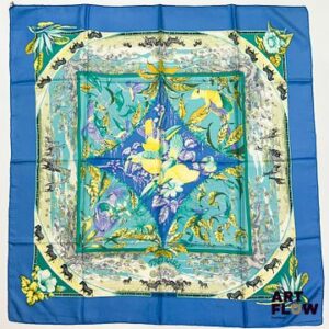 HERMÈS Modèle "Tropiques" Carré en twill de soie d'après Laurence BOUTHOUMIEUX 90 x 90 cm Quelques taches en bordure, fil tiré