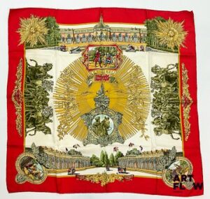 HERMÈS Modèle "Voltaire - Sanssoucy" Carré en twill de soie d'après Loïc DUBIGEON 90 x 90 cm Très bon état général malgré de petites taches et traces, et fils tirés